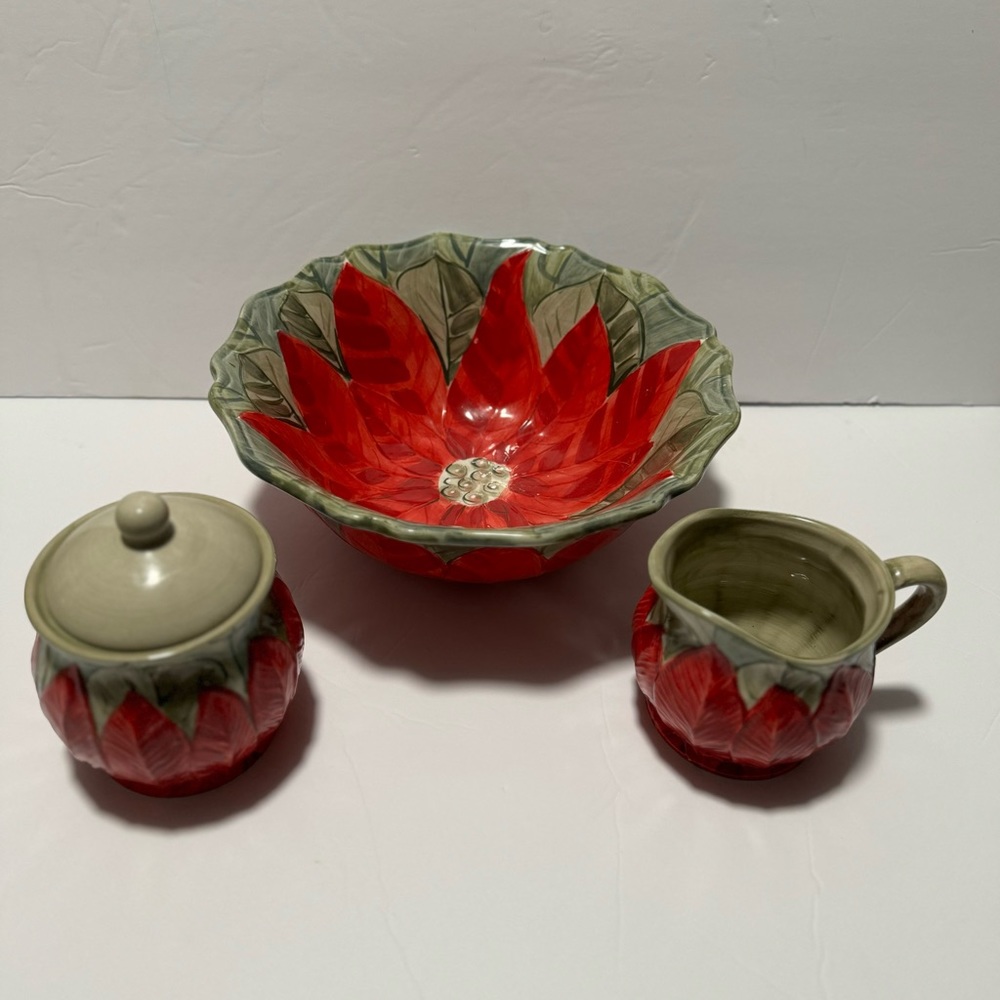 Poinsettia Creamer/Sugar & Large Serving Bowl Hand Painted Set Everyday Gibson